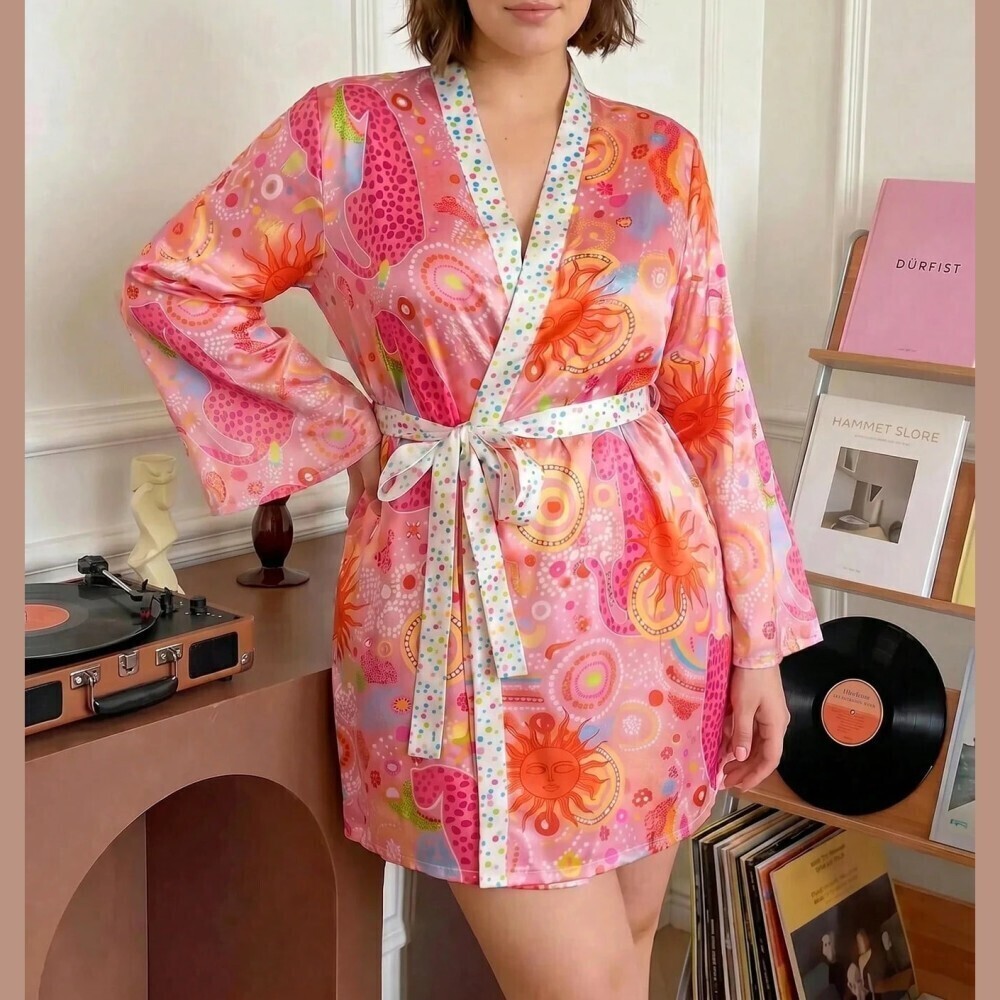 Pink Sun & Celestial Print Satin Kimono Robe with Polka Dot Trim